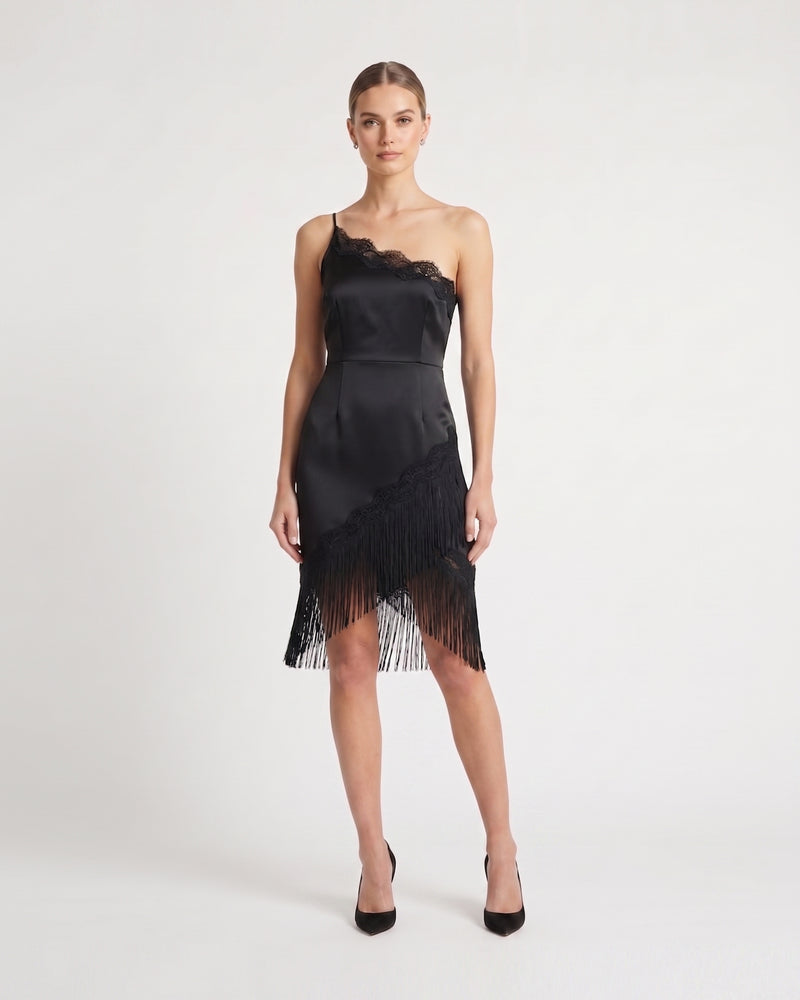One Shoulder Lace Fringe Satin Midi Dress - Black