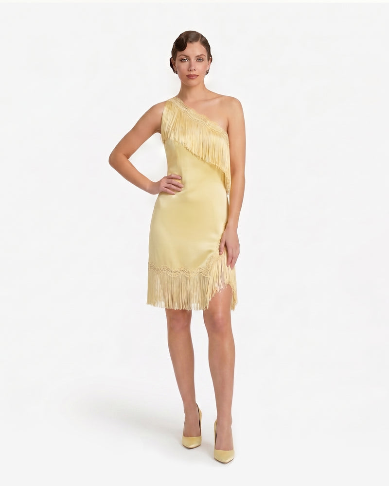 Fringe Trim One Shoulder Satin Mini Dress - Yellow