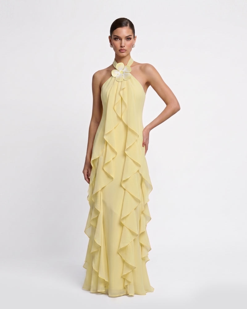 Floral Appliqué Ruffle Halter Chiffon Maxi Dress - Yellow