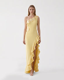 Floral Appliqué One Shoulder Ruffle Slit  Dress - Yellow
