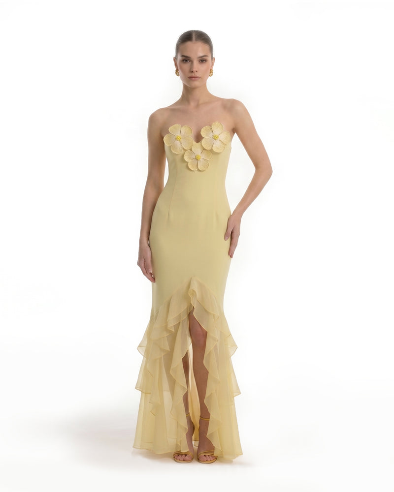 Strapless Floral Appliqué Ruffle Slit Chiffon Dress - Yellow