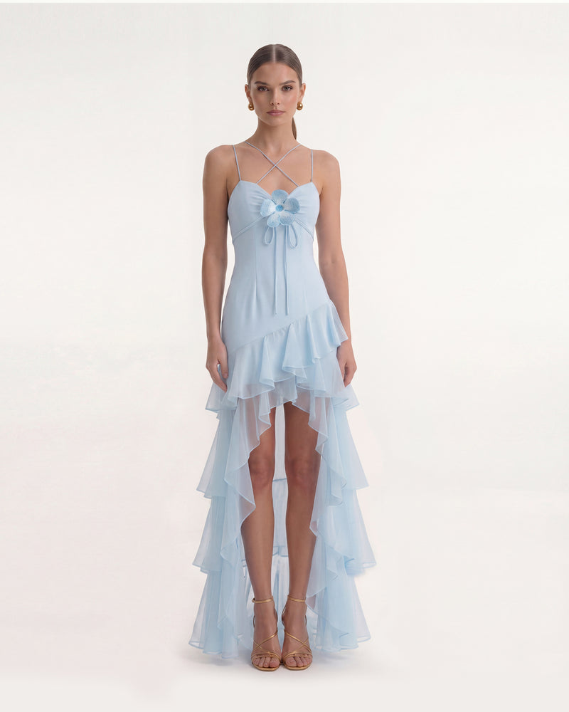 Floral Appliqué High-Low Ruffle Chiffon Dress - Blue