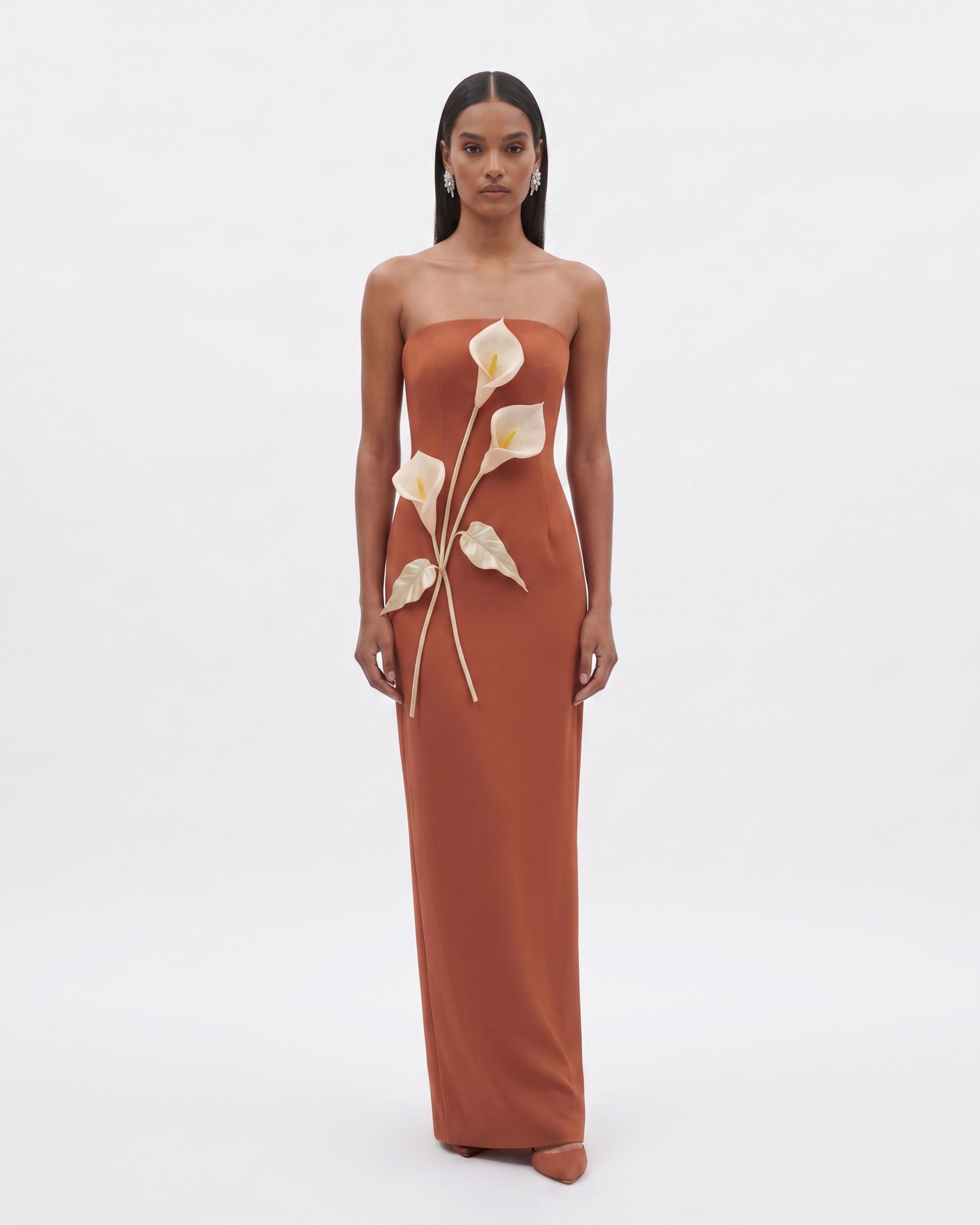 Floral Appliqué Strapless Dress - Caramel