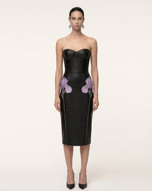 Iris Floral-Print Strapless Corset Leather Midi Dress - Black