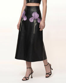 Iris Floral-Print A-Line Leather Midi Skirt - Black