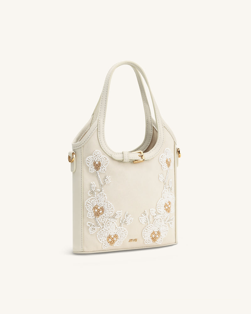Brooke Mini Belted Embellished Orchid Beaded Top Handle Bag - Ivory