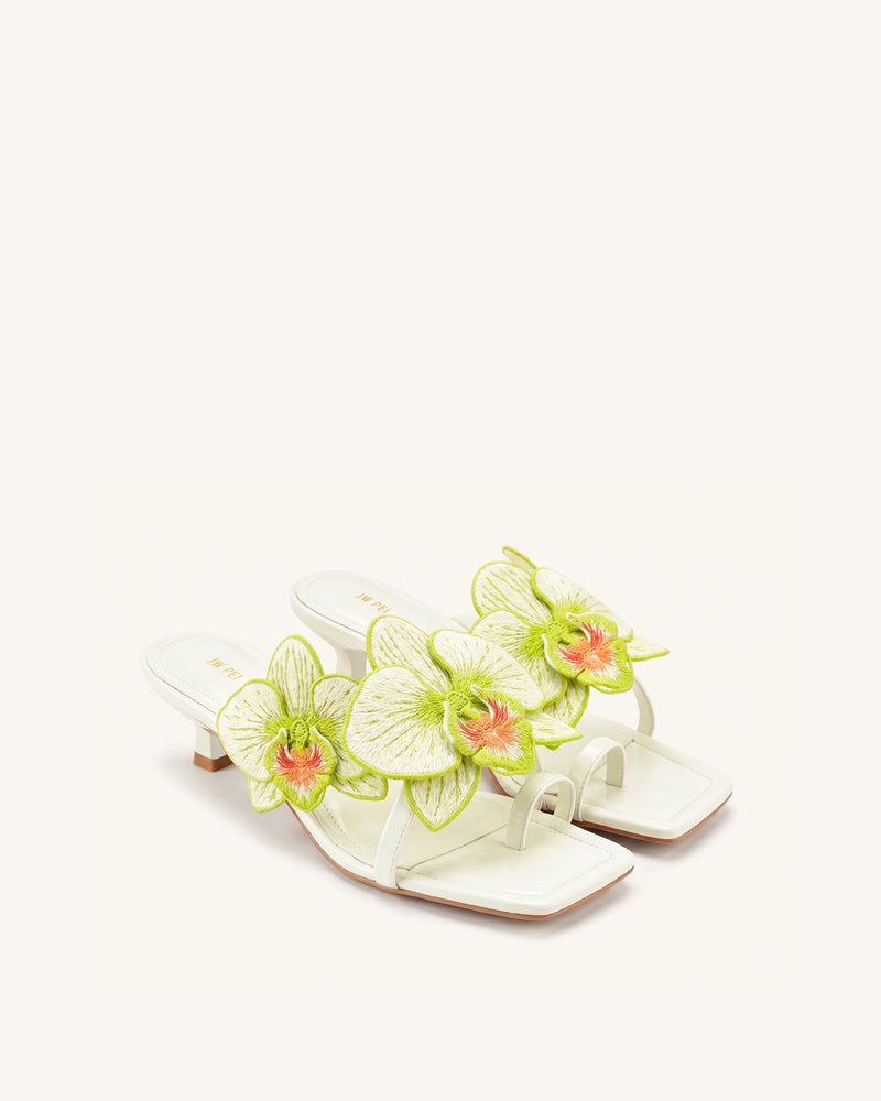 Serena Orchid Embroidered Toe Ring Heeled Sandals - Ivory Green