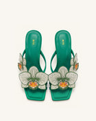 Serena Orchid Embroidered Toe Ring Heeled Sandals - Emerald Green