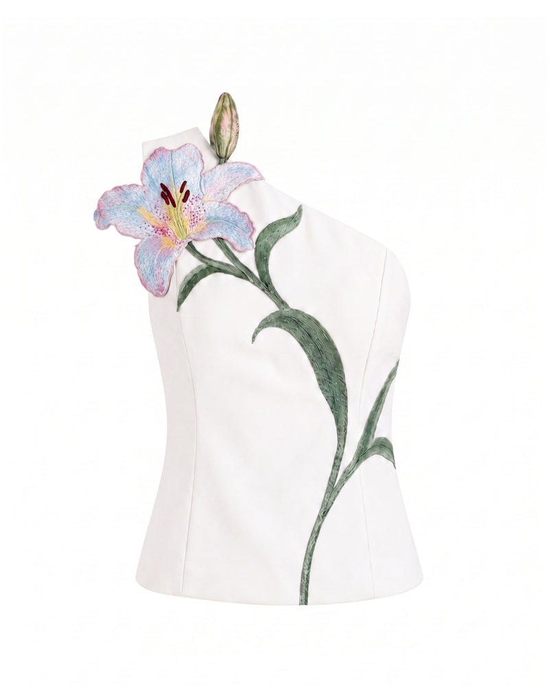 Lily Floral Embroidered One Shoulder Structured Top - Ivory