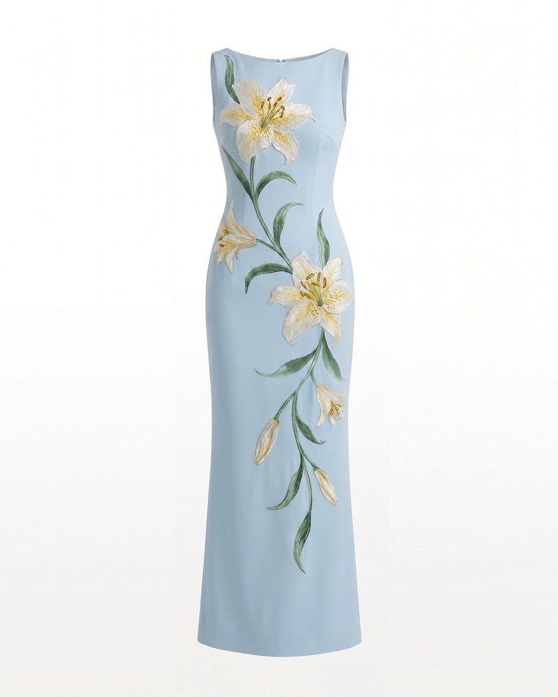 Lily Floral Print Sleeveless Column Maxi Dress - Light Blue