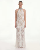 Jeweled Lace Halter Dress - White