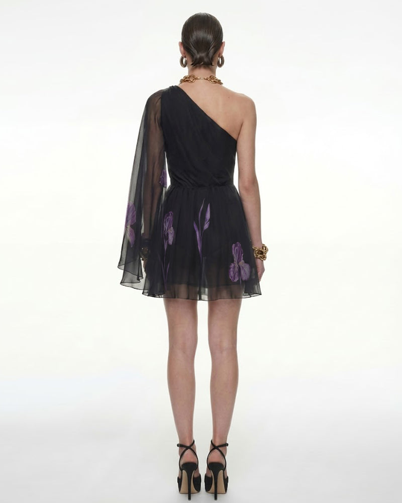 One Shoulder Floral Mesh Dress - Black