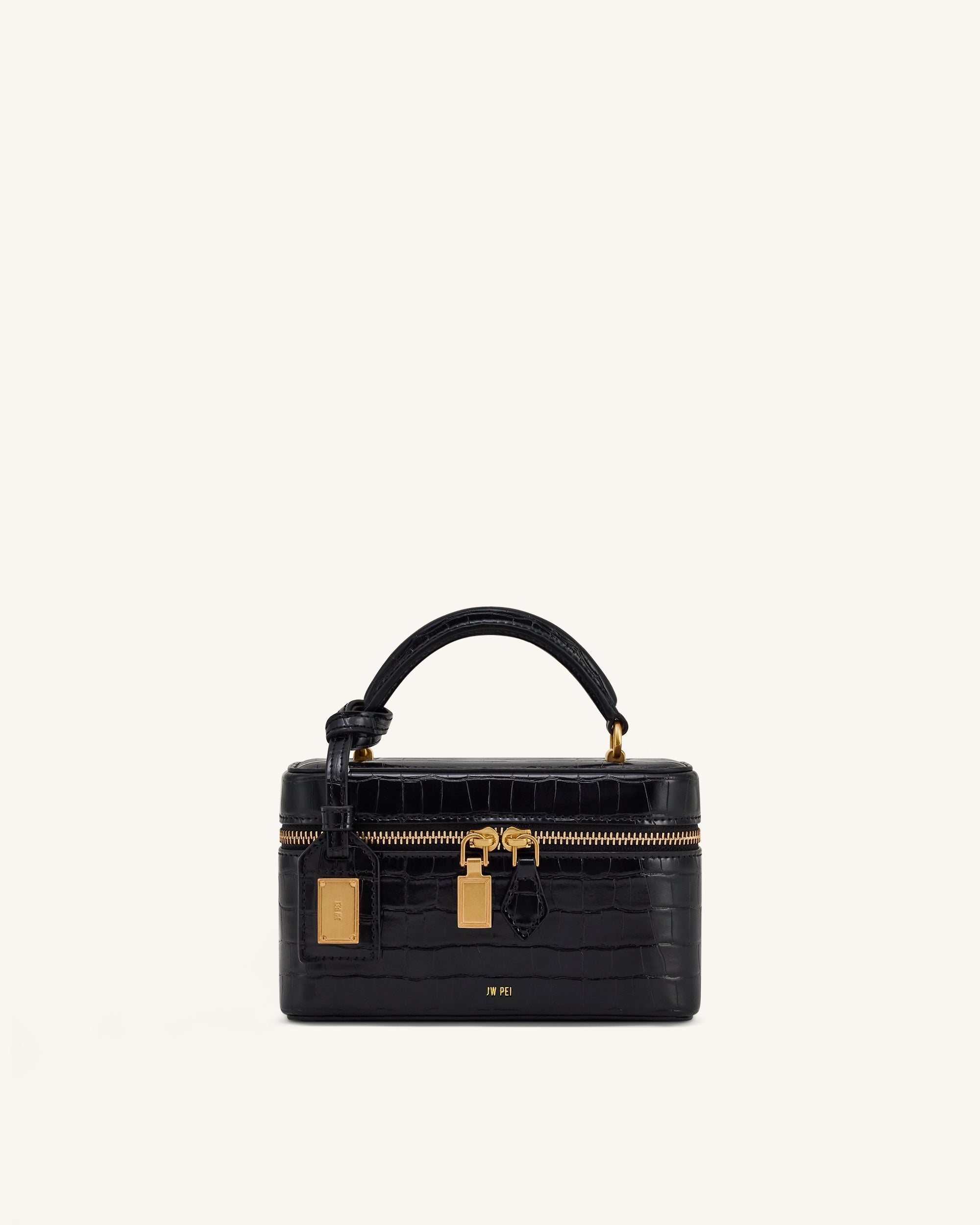 Cleo Box Shape Top Handle Bag - Black Croc