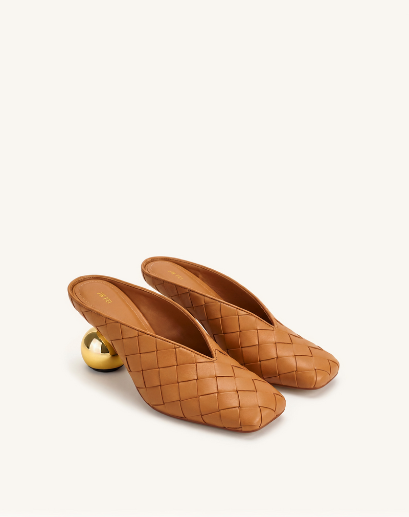 Ellie Woven Square-Toe Mule Heels - Light Brown