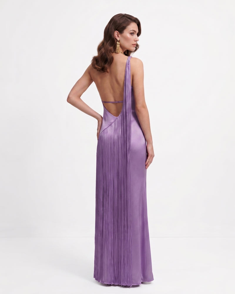 Fringe One Shoulder Maxi Dress - Purple