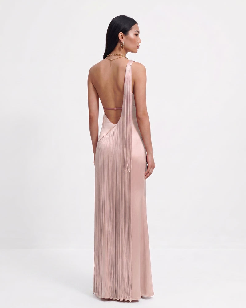 Fringe One Shoulder Maxi Dress - Pink