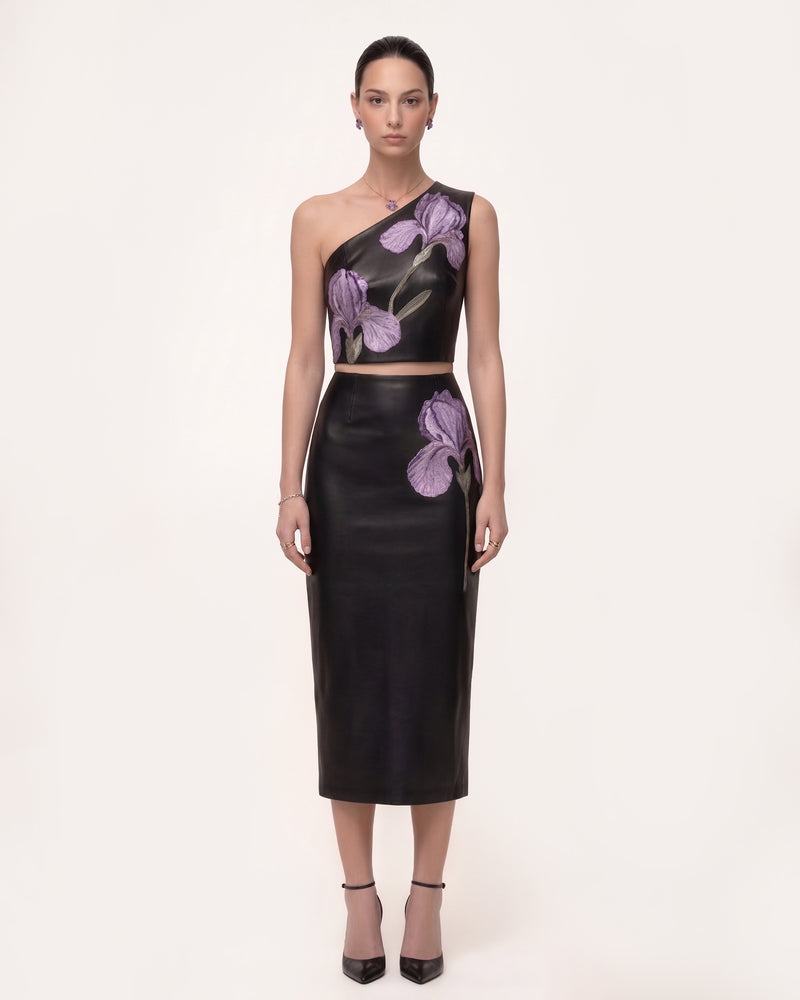 Iris Floral-Print High Waist Pencil Leather Midi Skirt - Black