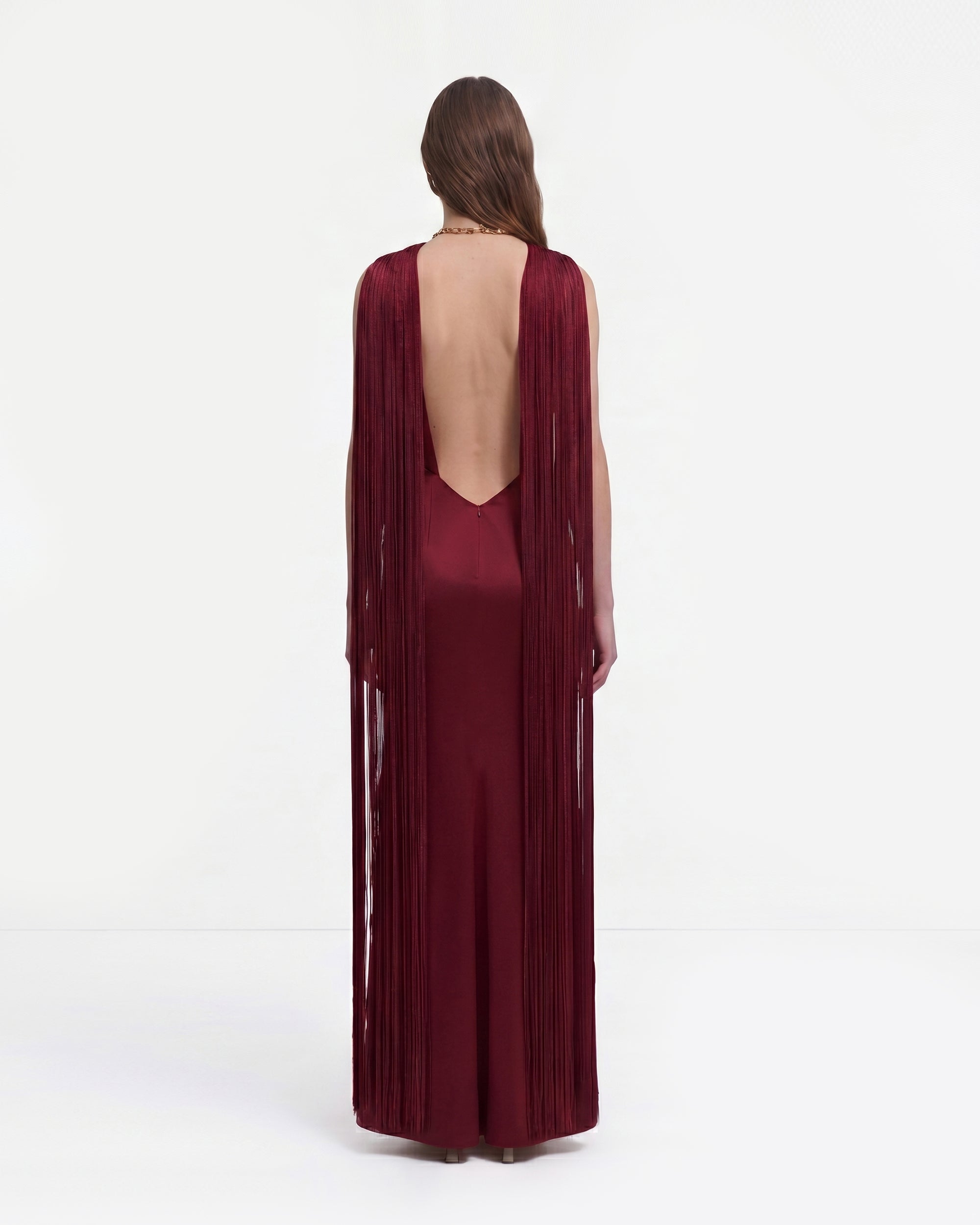 Fringe Cape Open Back Satin Maxi Dress - Wine Red