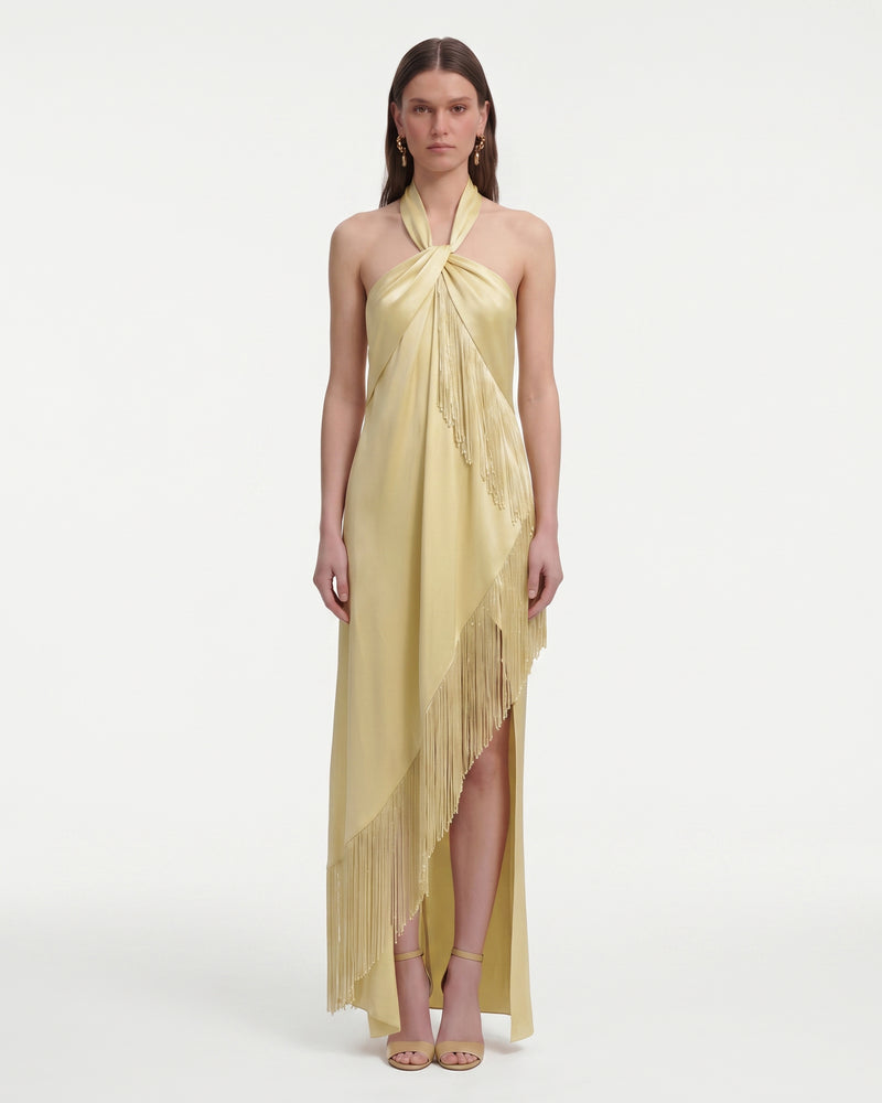 Fringe Halter Draped Satin Maxi Dress - Champagne