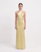 Cross Halter Fringe Back Satin Maxi Dress - Champagne