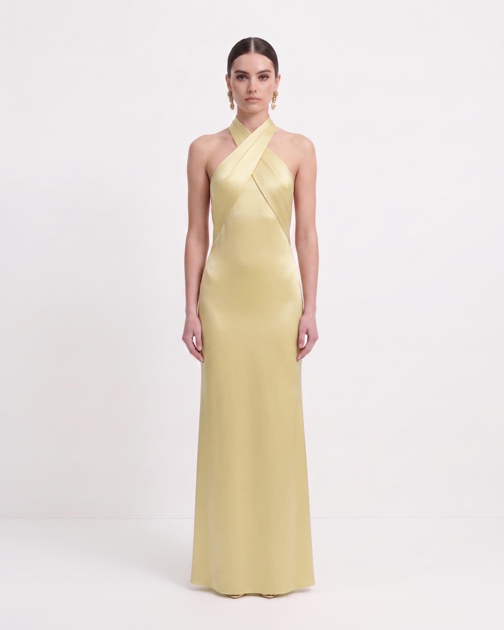 Cross Halter Fringe Back Satin Maxi Dress - Champagne