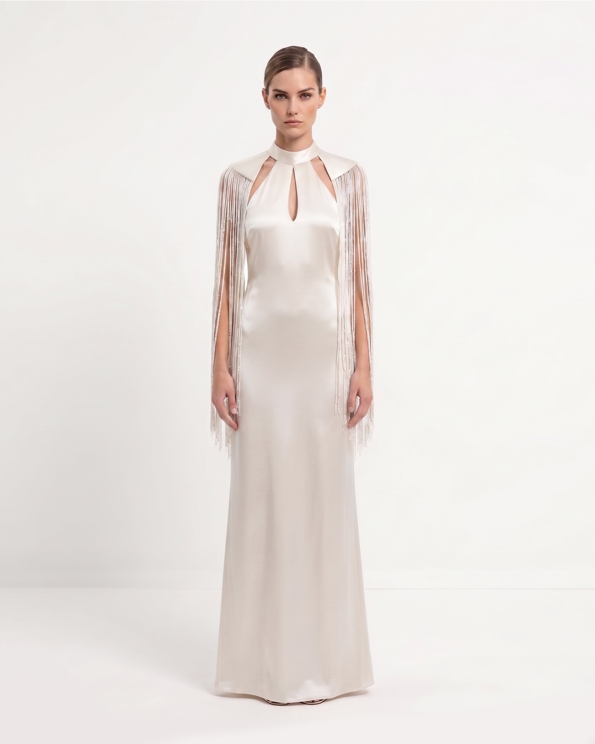 High Neck Fringe Cape Satin Maxi Dress - Ivory
