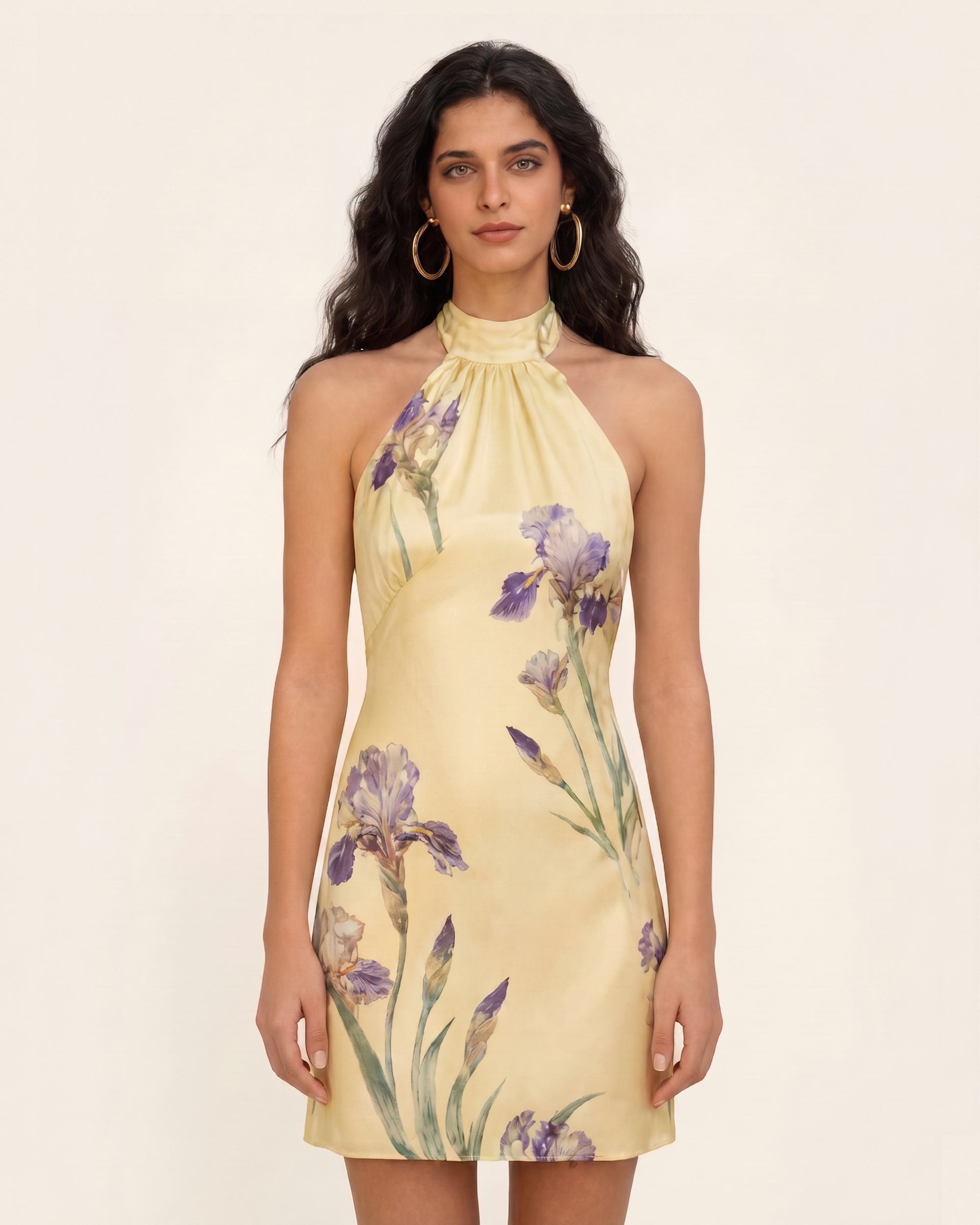 Iris Print Satin Halter Mini Dress - Soft Yellow