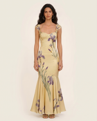 Iris Print Satin Mermaid Maxi Dress - Soft Yellow