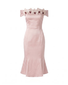 Iris Floral Appliqué Off-Shoulder Satin Midi Dress - Blush Pink