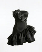 Iris Floral Appliqué Strapless Ruffle Mini Dress - Black