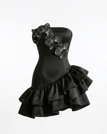 Iris Floral Appliqué Strapless Ruffle Mini Dress - Black