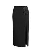Iris Floral Appliqué High Slit Midi Skirt - Black