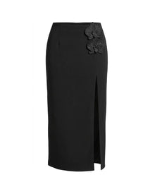 Iris Floral Appliqué High Slit Midi Skirt - Black