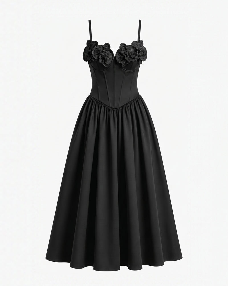 Orchid Embroidered Appliqué Corset Maxi Dress - Black