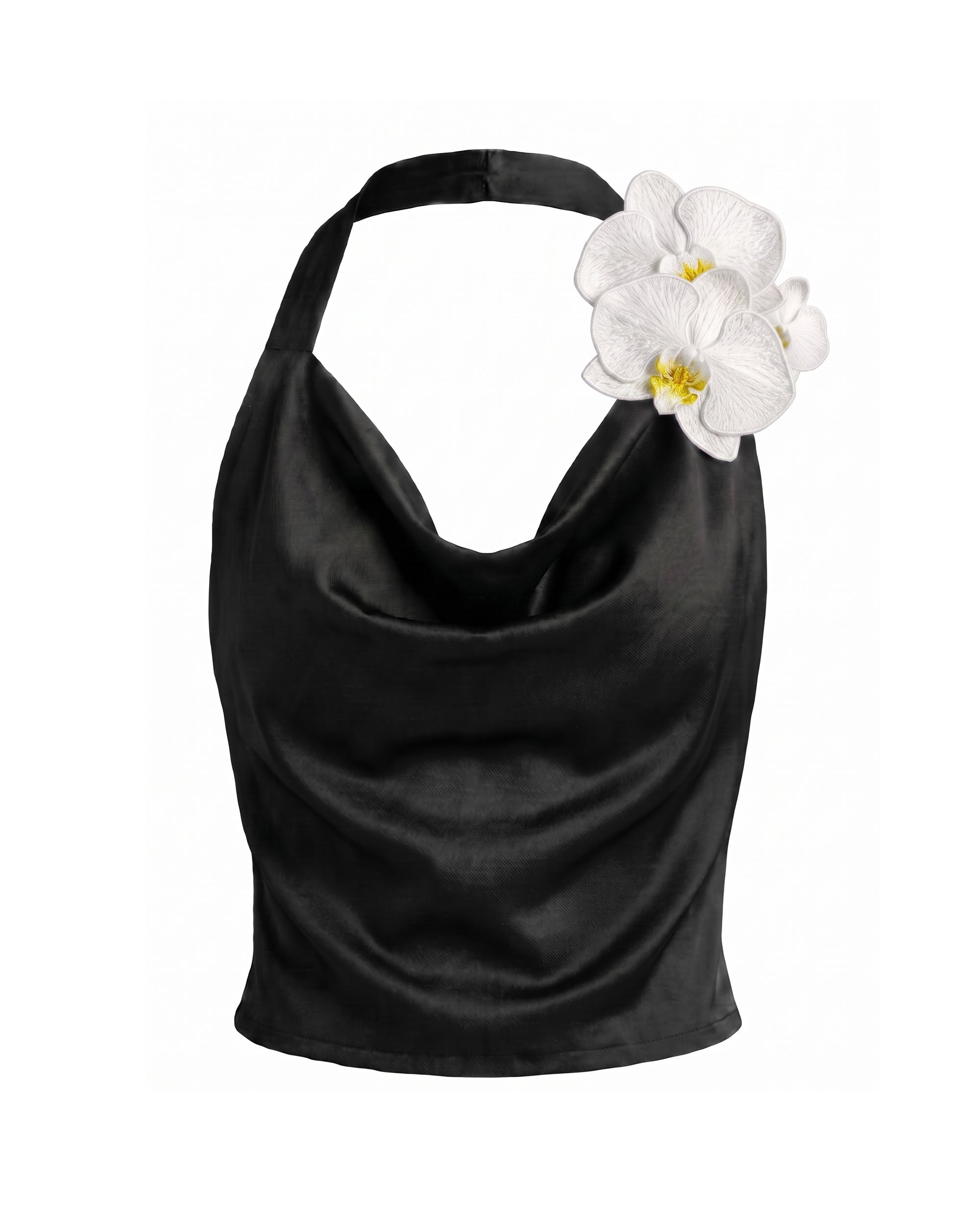 Iris Floral Appliqué Cowl Neck Halter Top - Black