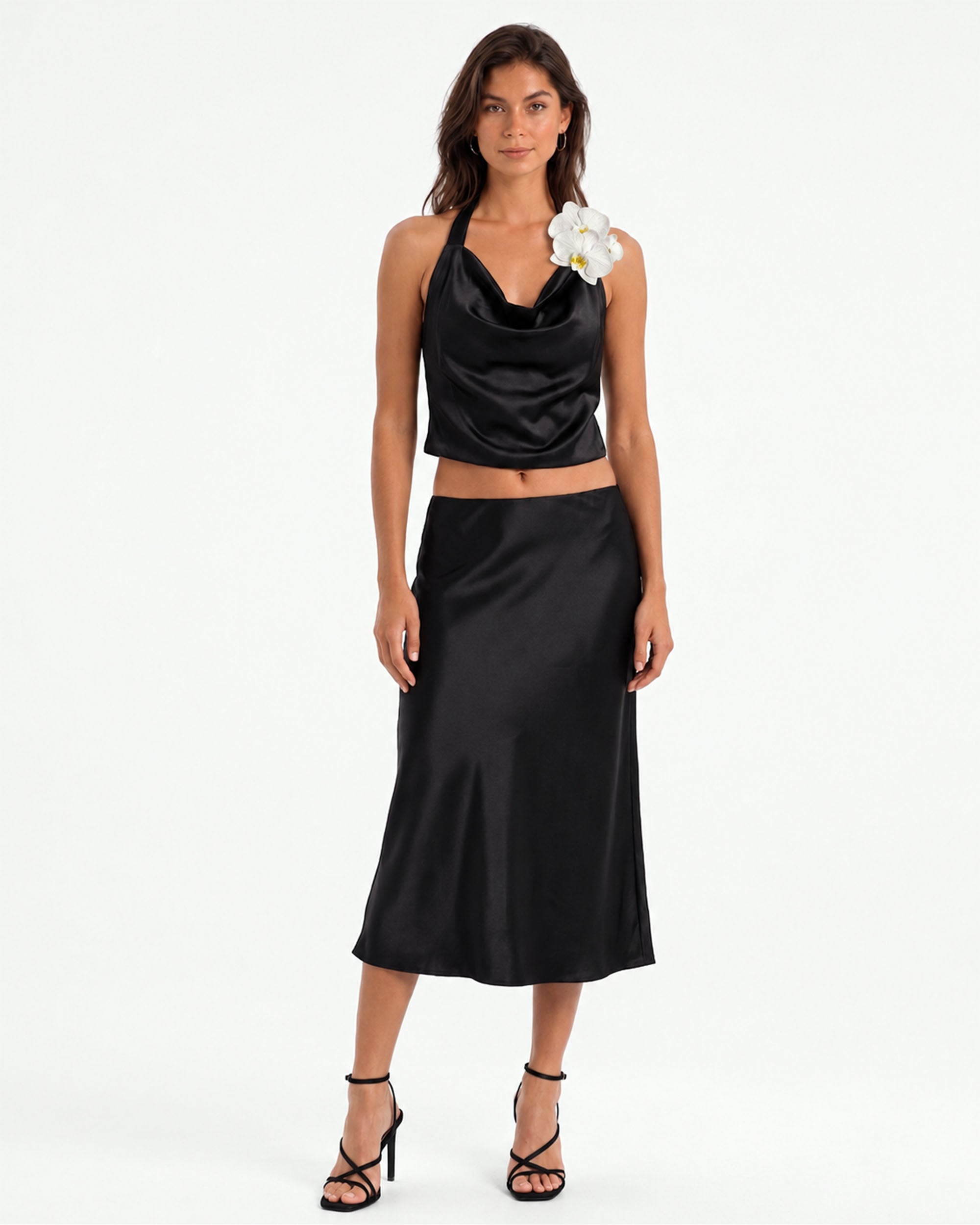 Iris Floral Appliqué Cowl Neck Halter Top - Black