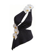 Iris Floral Appliqué Cut-Out Asymmetric Halter Top - Black