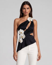 Iris Floral Appliqué Cut-Out Asymmetric Halter Top - Black