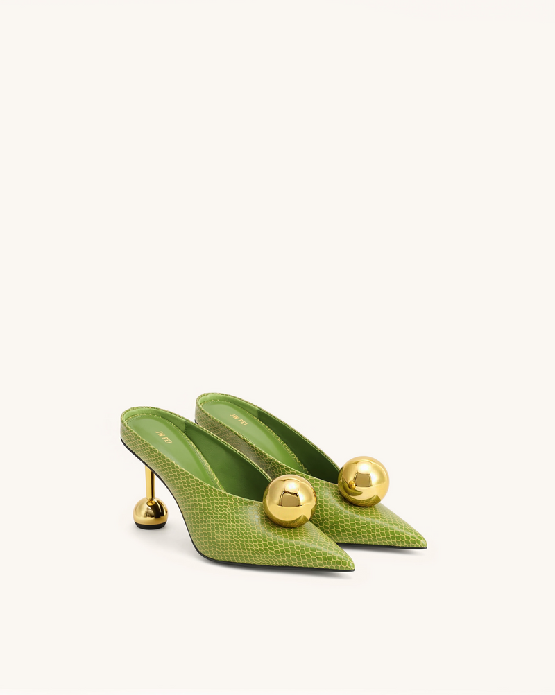 Sofia Angled Vamp Snakeskin Heel Mules - Green