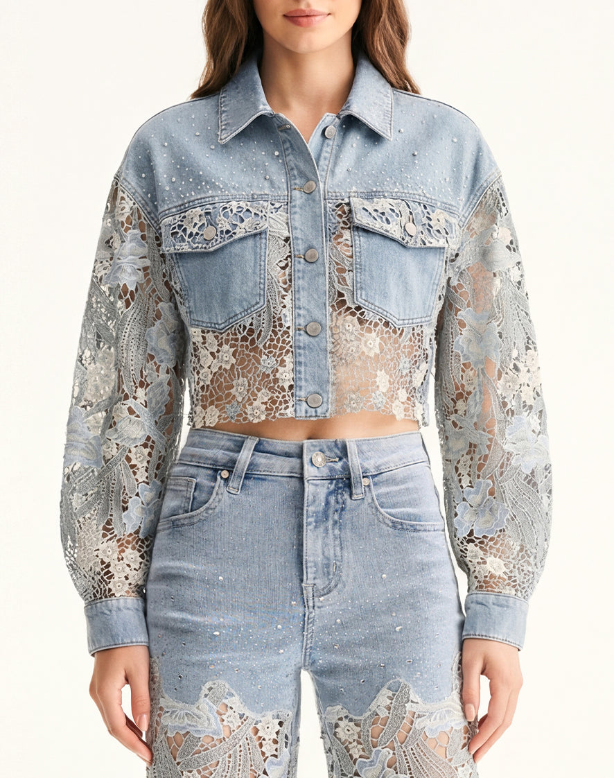 The Rhinestone Cowgirl Cropped Jacket  - Light Blue