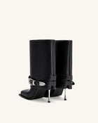Emilia Western Buckled Leather Stiletto Boots - Black
