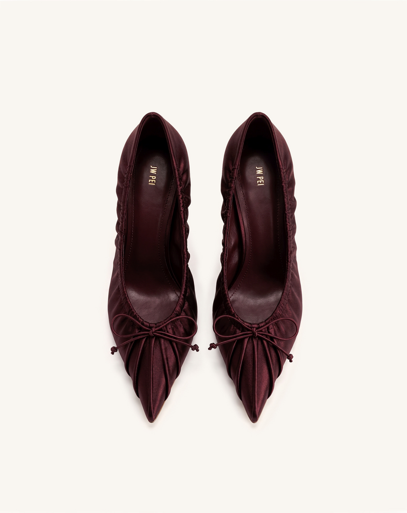 Sofia Ruched Satin Pointed-Toe Pumps - Burgundy