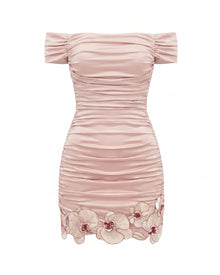 Orchid Embroidered Ruched Mini Dress - Blush Pink