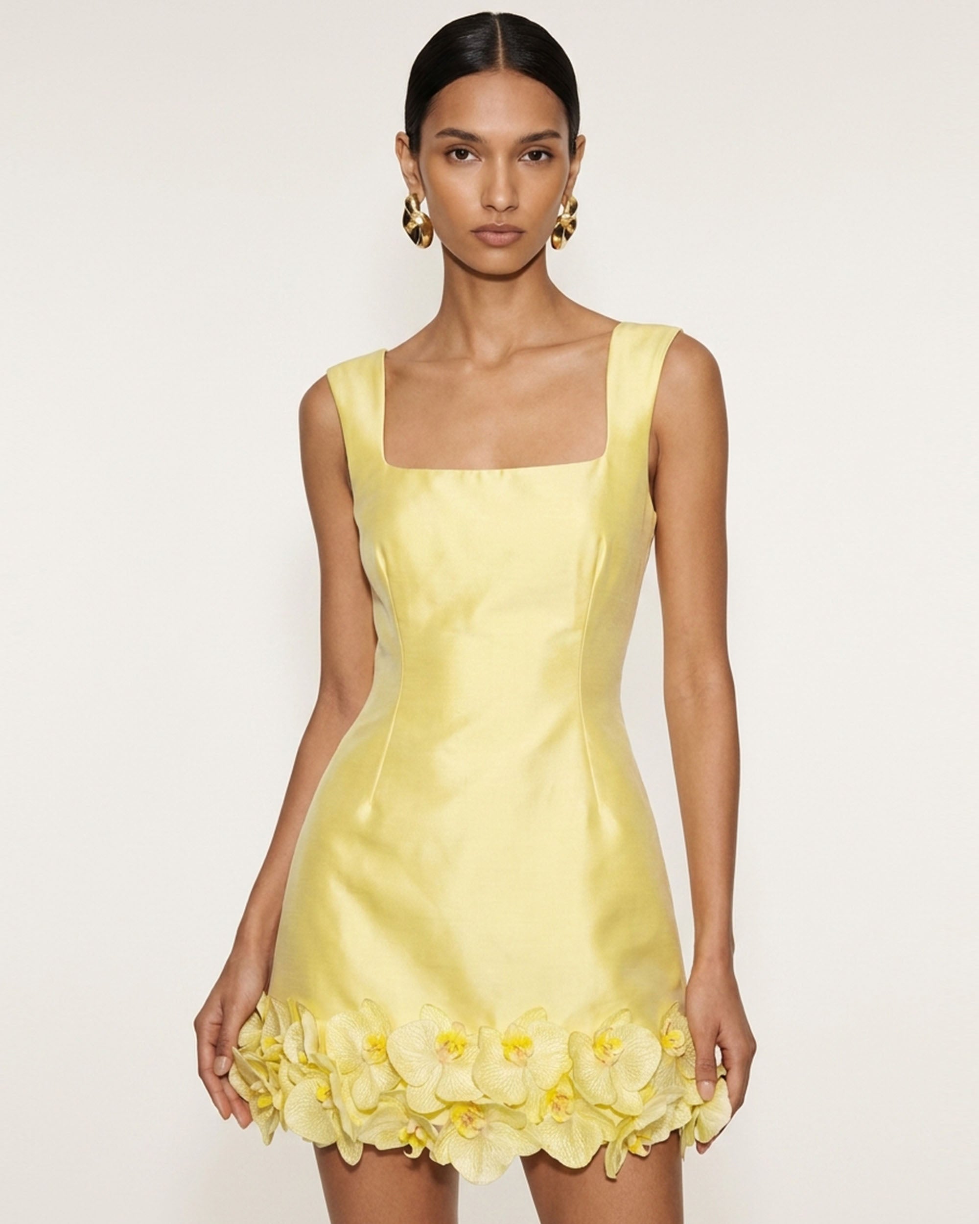 Orchid Embellished Square-Neck Mini Dress - Yellow