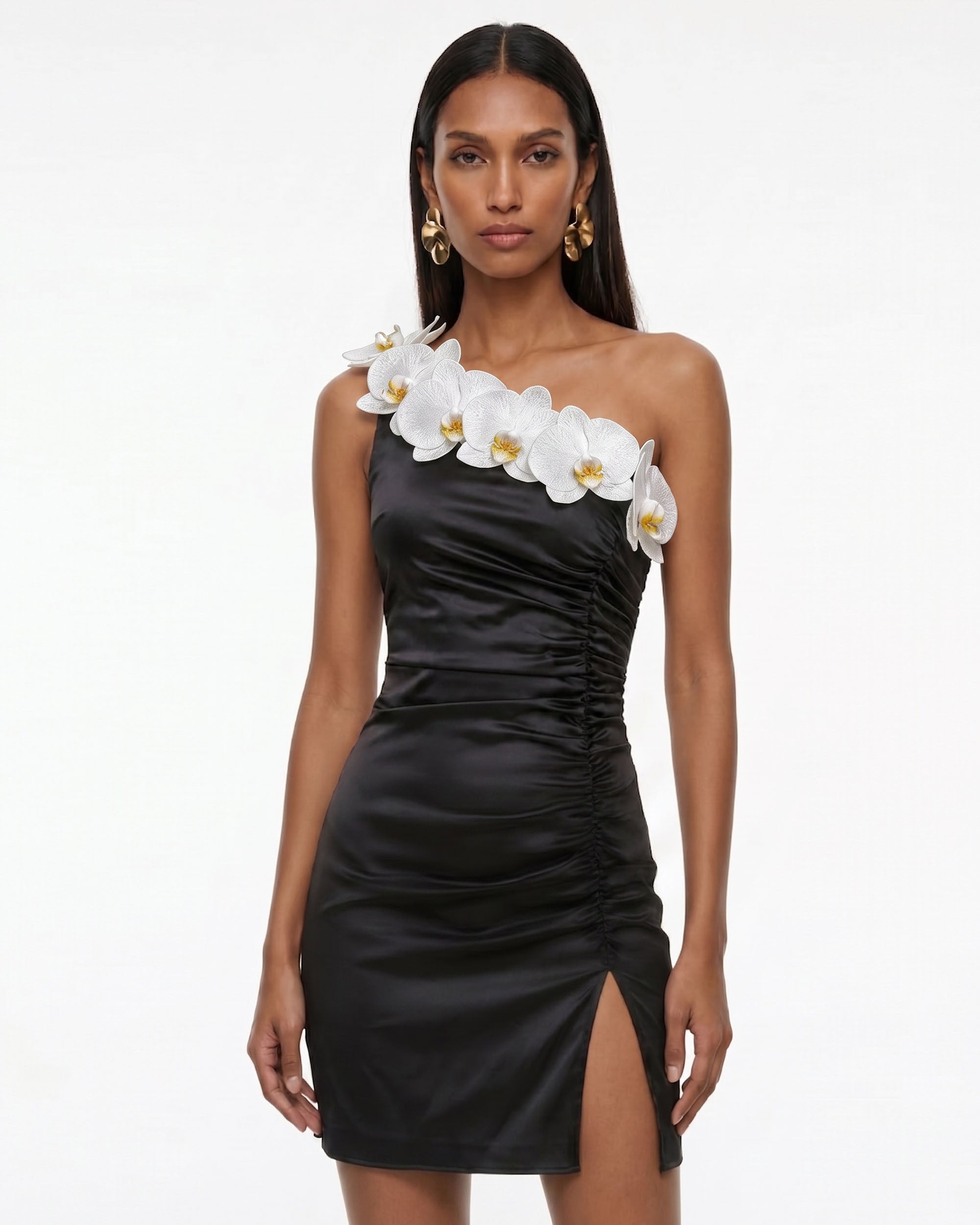 Orchid Embellished Ruched Slit Mini Dress - Black