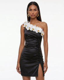 Orchid Embellished Ruched Slit Mini Dress - Black