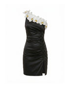 Orchid Embellished Ruched Slit Mini Dress - Black