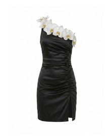 Orchid Embellished Ruched Slit Mini Dress - Black