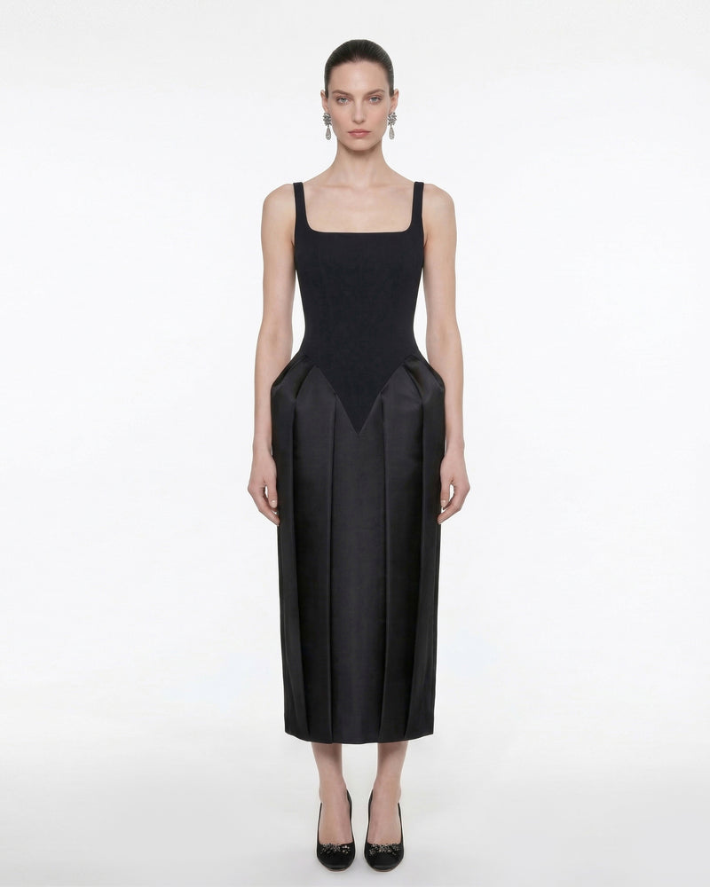 Square Neck Pannier Midi Dress - Black
