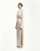 Structured Shoulder Design Satin High-Neck Fitted Maxi Dress - Cream